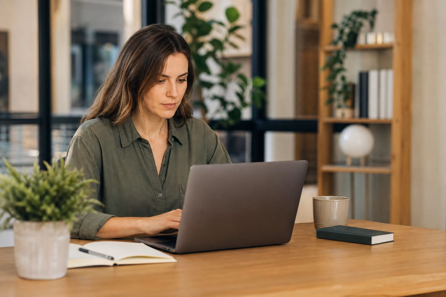A small-business owner setting up her brand profile on a laptop at a tidy home-office desk.