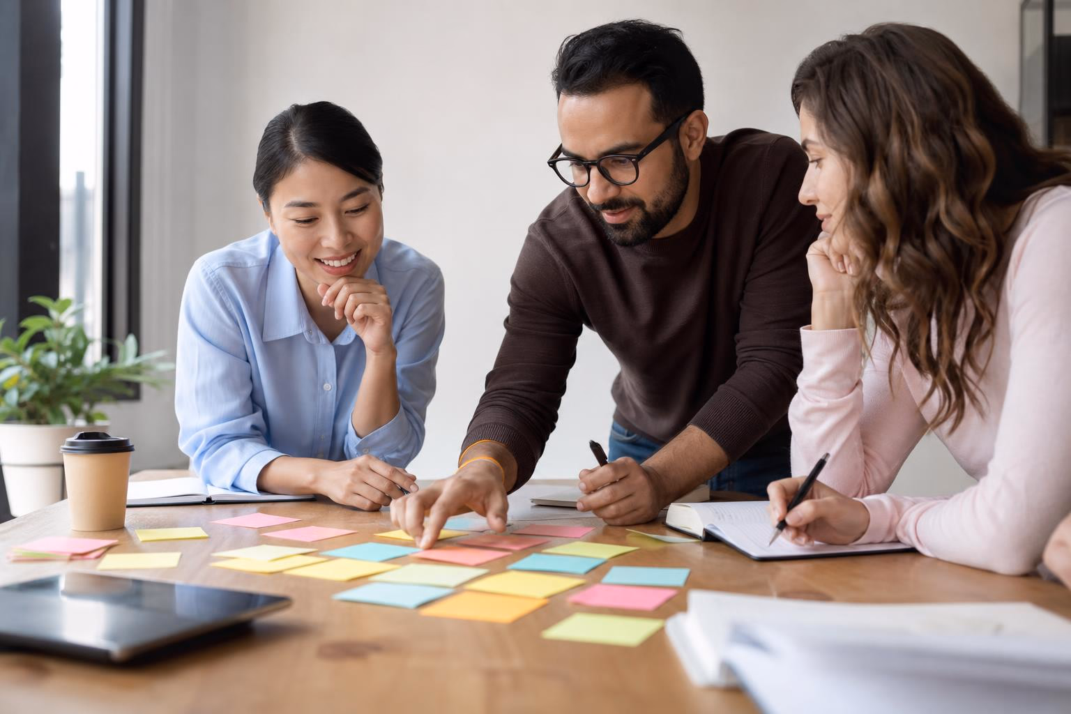 Three coworkers brainstorming content ideas with colorful sticky notes spread across a desk.