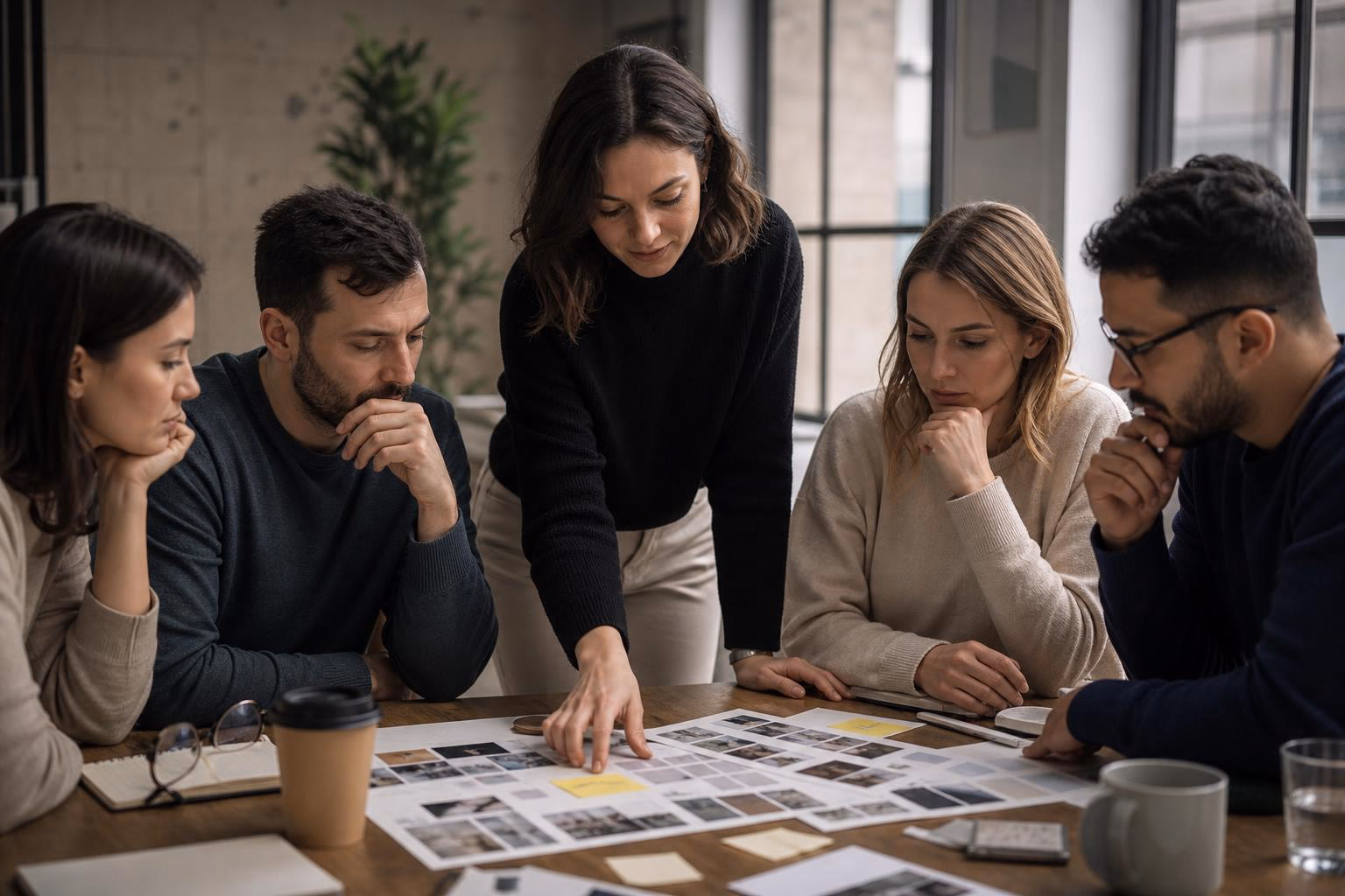 A marketing team gathered around a table reviewing brand materials together during a brand strategy session.