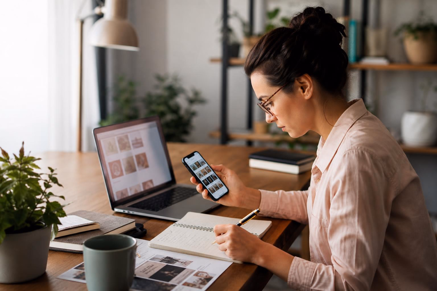 A creator planning Instagram posts, comparing a feed on her phone and laptop while taking notes at her desk.