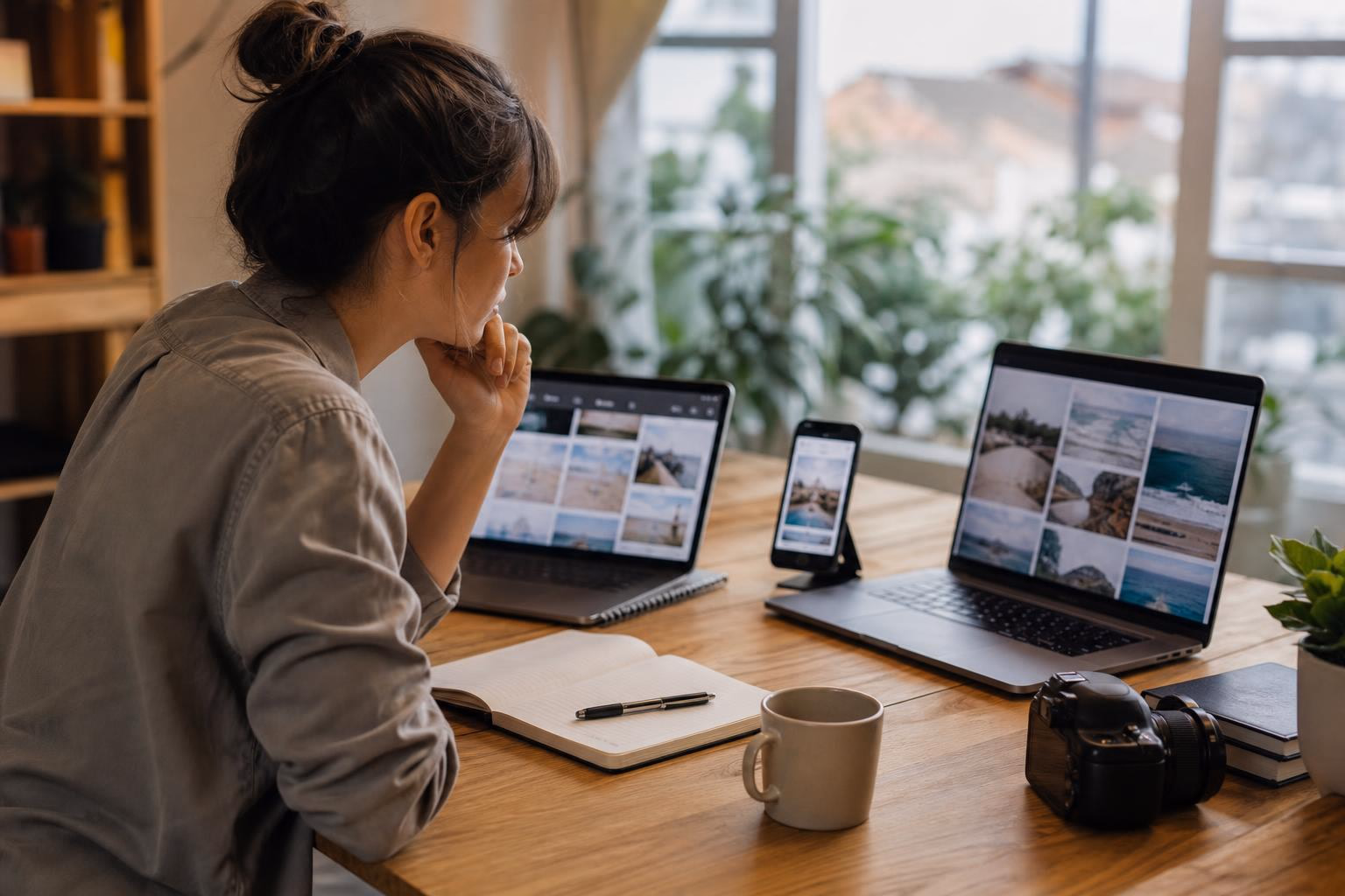 A creator adapting one idea across platforms, with two laptops and a phone showing different social feeds on her desk.