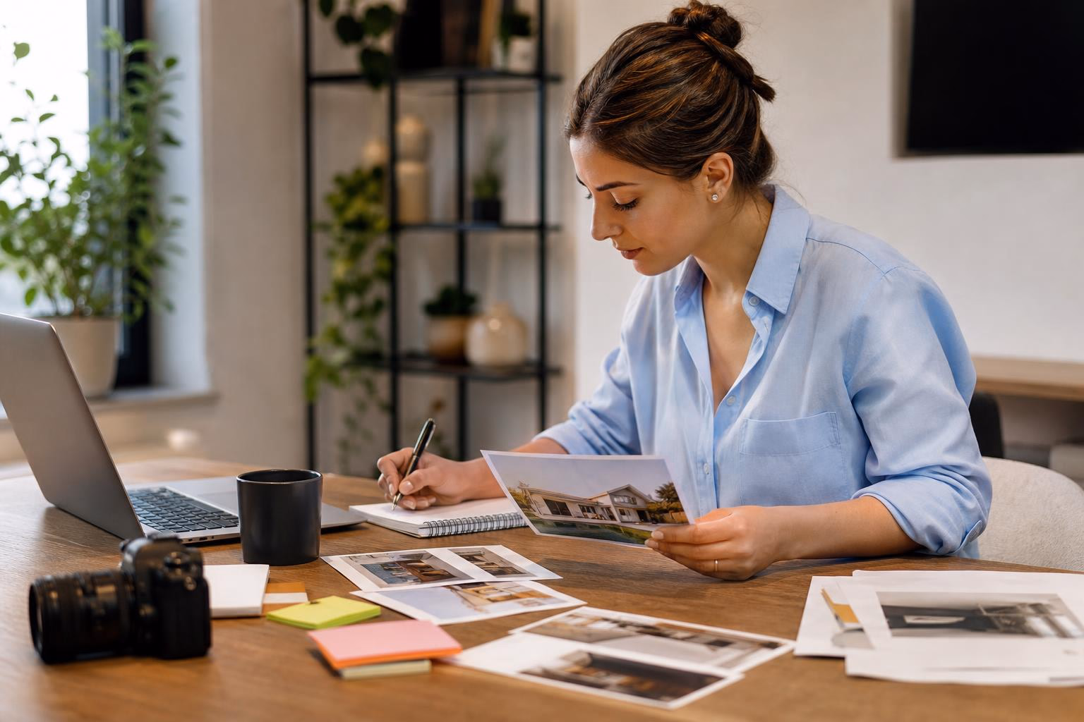A real estate agent planning a month of social posts, reviewing printed property photos and notes at her desk.