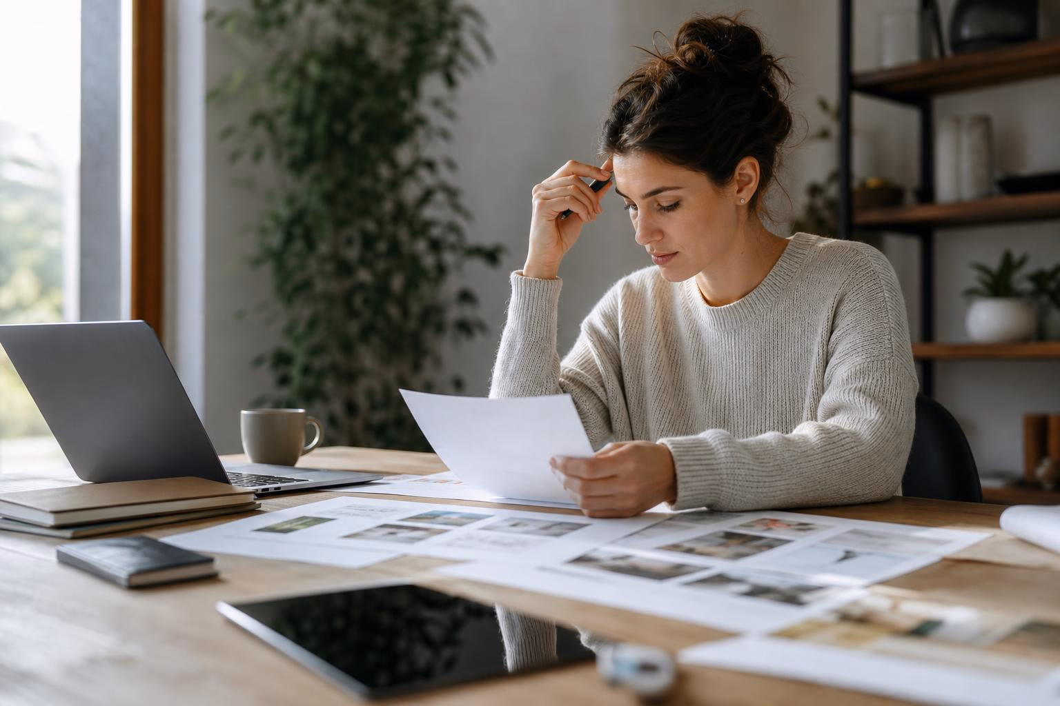 A founder mapping out a content calendar at her desk, reviewing printed post layouts beside a laptop.