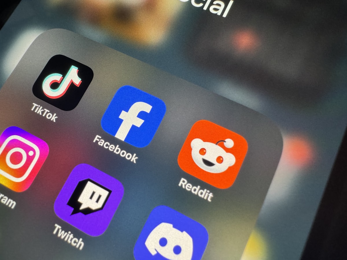 A close-up of a phone home screen showing social app icons including a prominent Reddit icon alongside TikTok, Facebook, Instagram, Twitch, and Discord.