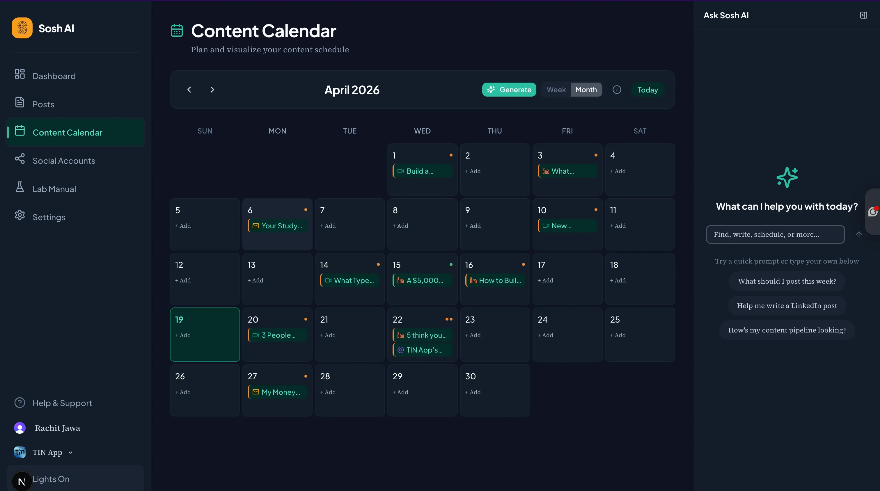 Sosh AI content calendar — a full month of posts, prepared automatically